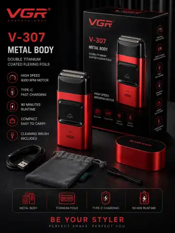 VGR V-307 professional soqol mashinasi, titan folga, 9000 RPM, Type-C, 90 daq