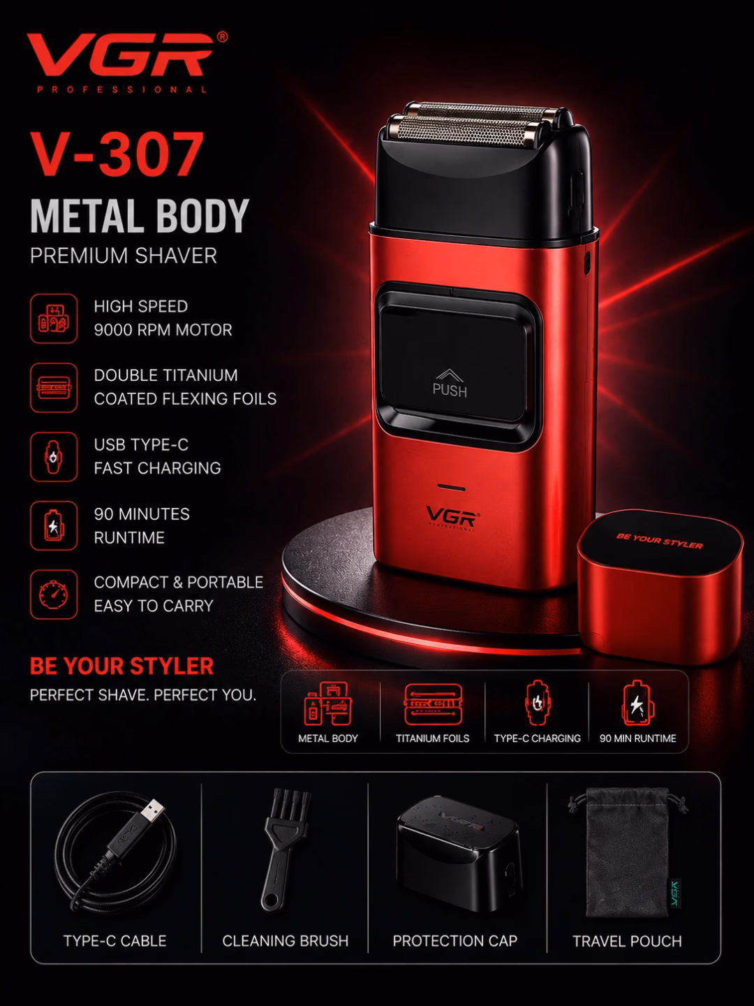 VGR V-307 professional soqol mashinasi, titan folga, 9000 RPM, Type-C, 90 daq - 2