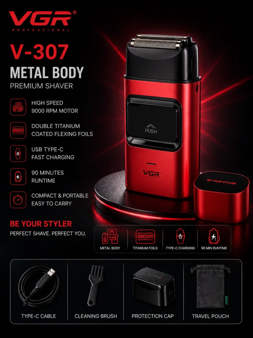 VGR V-307 professional soqol mashinasi, titan folga, 9000 RPM, Type-C, 90 daq