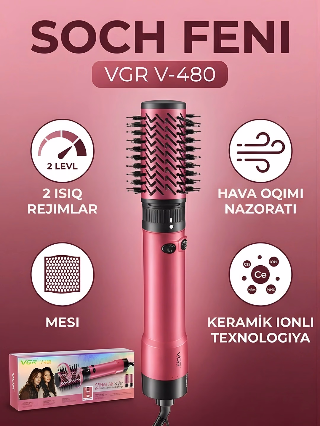 VGR V-480 soch fen cho'tkasi (2v1), keramik ionli qoplamali, 1800W - 2