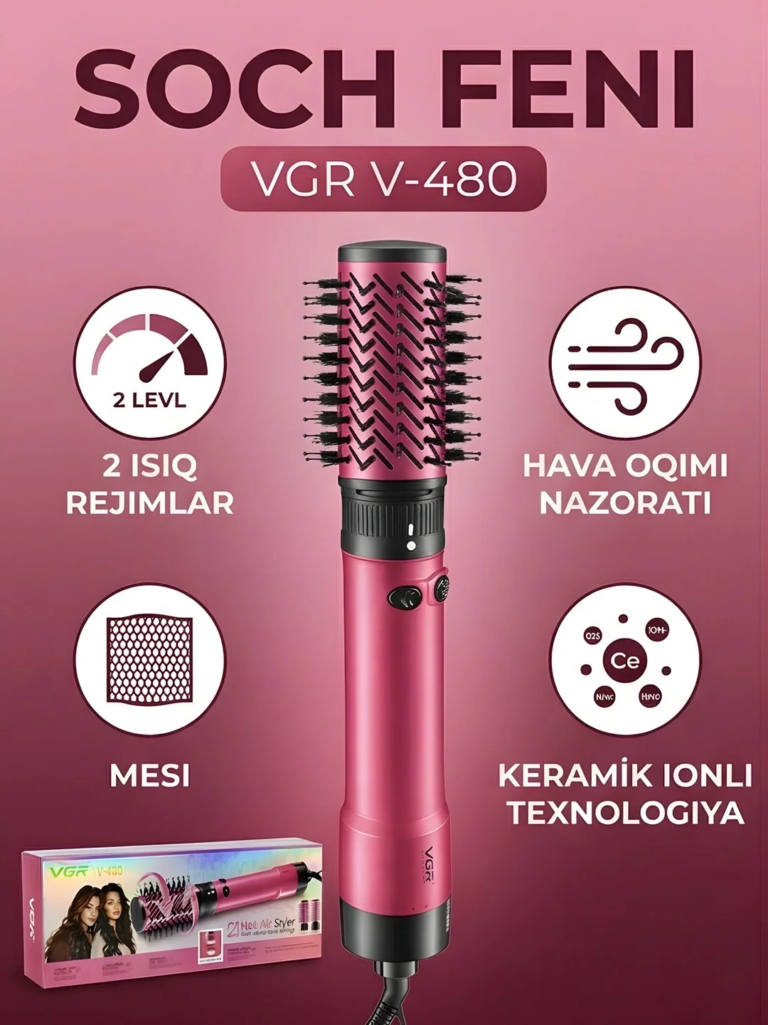 VGR V-480 soch fen cho'tkasi (2v1), keramik ionli qoplamali, 1800W - 2
