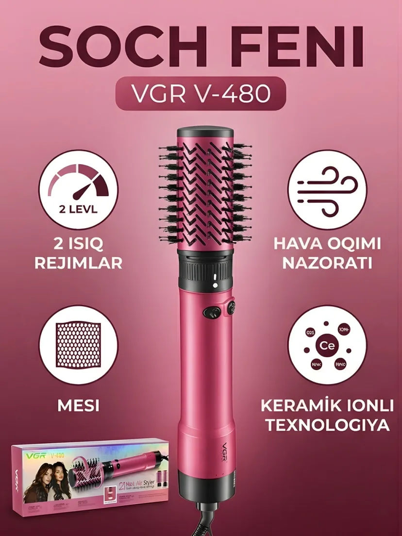 VGR V-480 soch fen cho'tkasi (2v1), keramik ionli qoplamali, 1800W