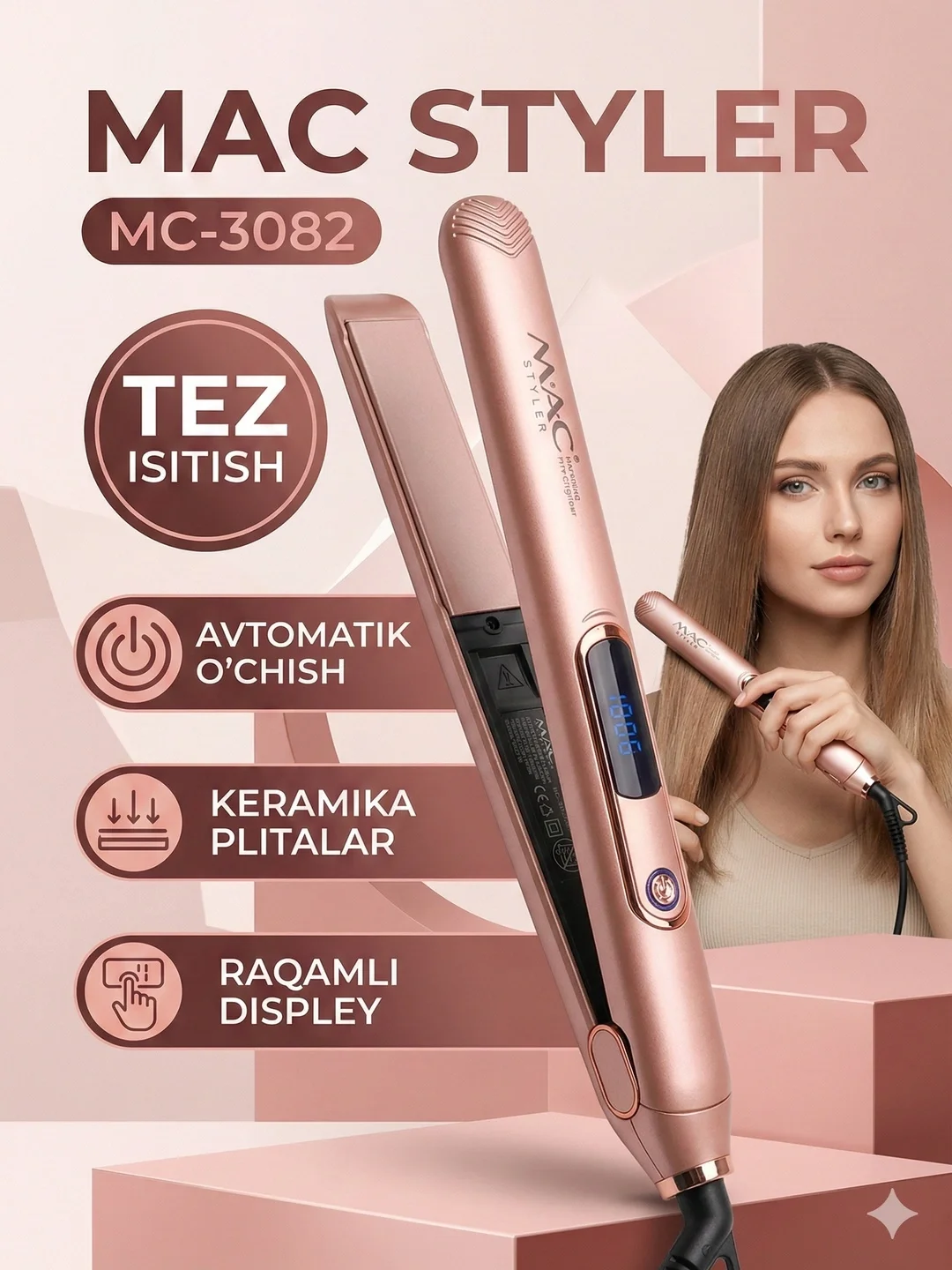 M·A·C STYLER MC-3082 Keramik soch tekislovchi, LED displey, 450°F - Asosiy rasm