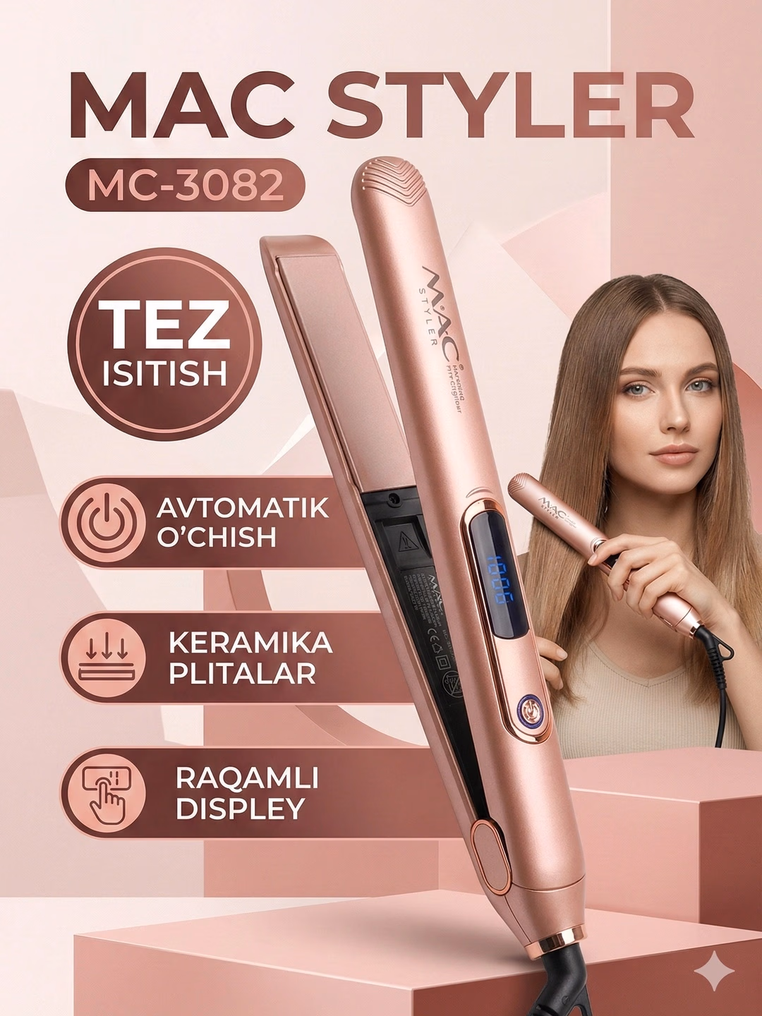 M·A·C STYLER MC-3082 Keramik soch tekislovchi, LED displey, 450°F - 2