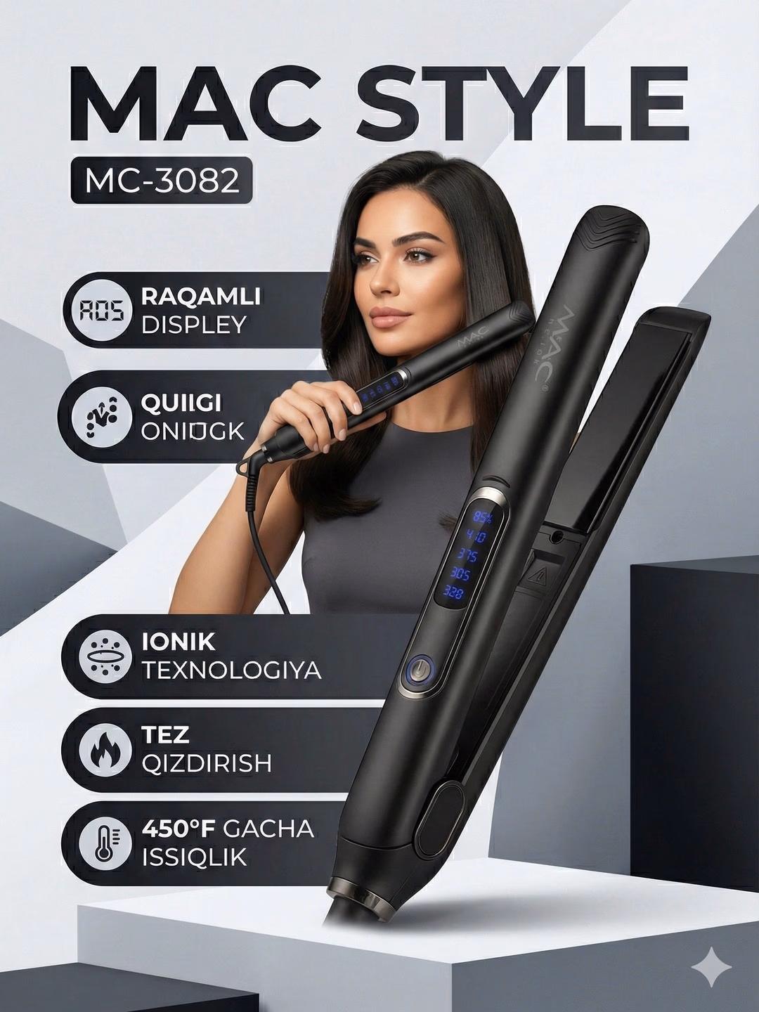 M·A·C STYLER MC-3082 Keramik soch tekislovchi, LED displey, 450°F - 3