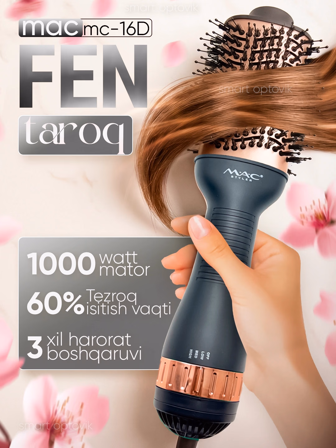 M·A·C STYLER MC-16D Fen-Taroq, 1000W, Keramik Qoplama bilan 3 Rejimli Soch Quritgich va Turmaklagich