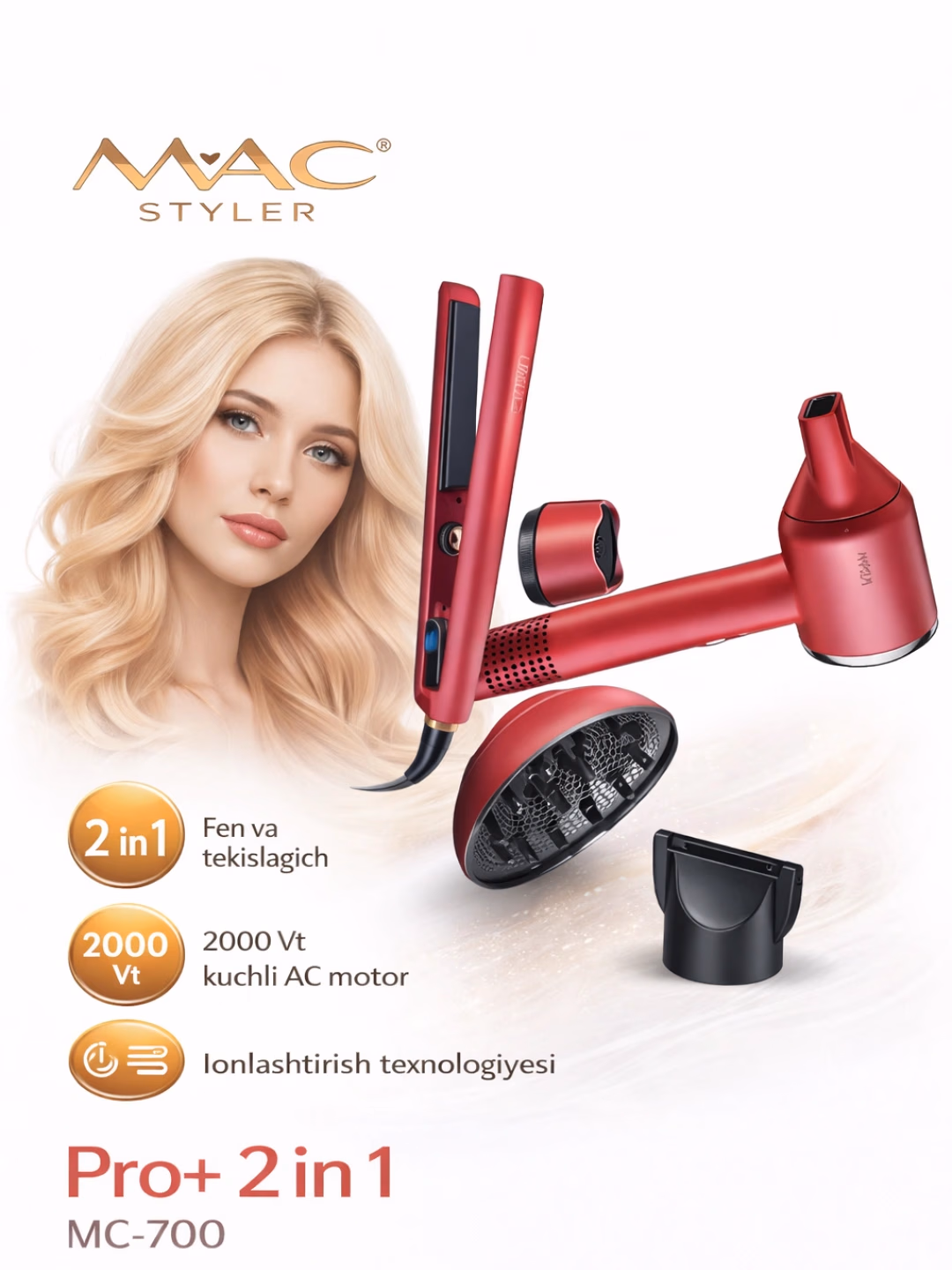 M·A·C STYLER MC-700 Pro+ Fenva Soch To'g'rilagich 2000 Vt Keramika