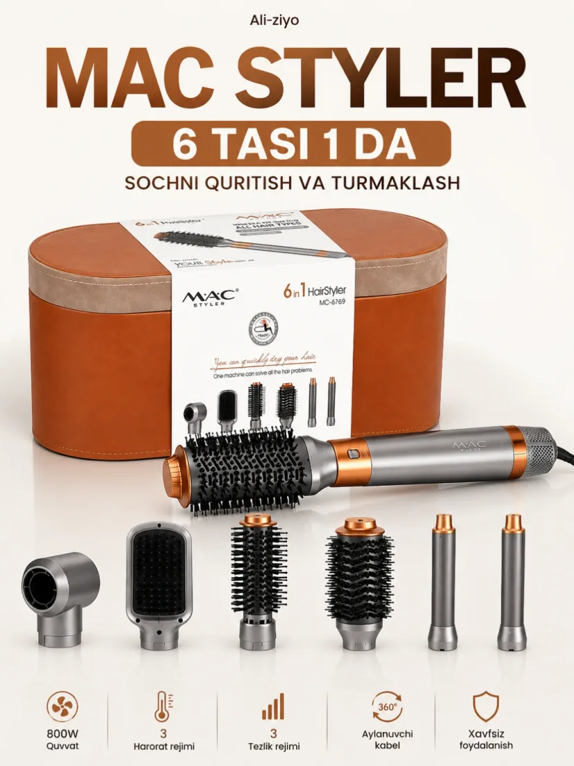 M·A·C STYLER MC-6769 Fen-stayler, 800W, 6 in 1, soch quritish va turmaklash uchun