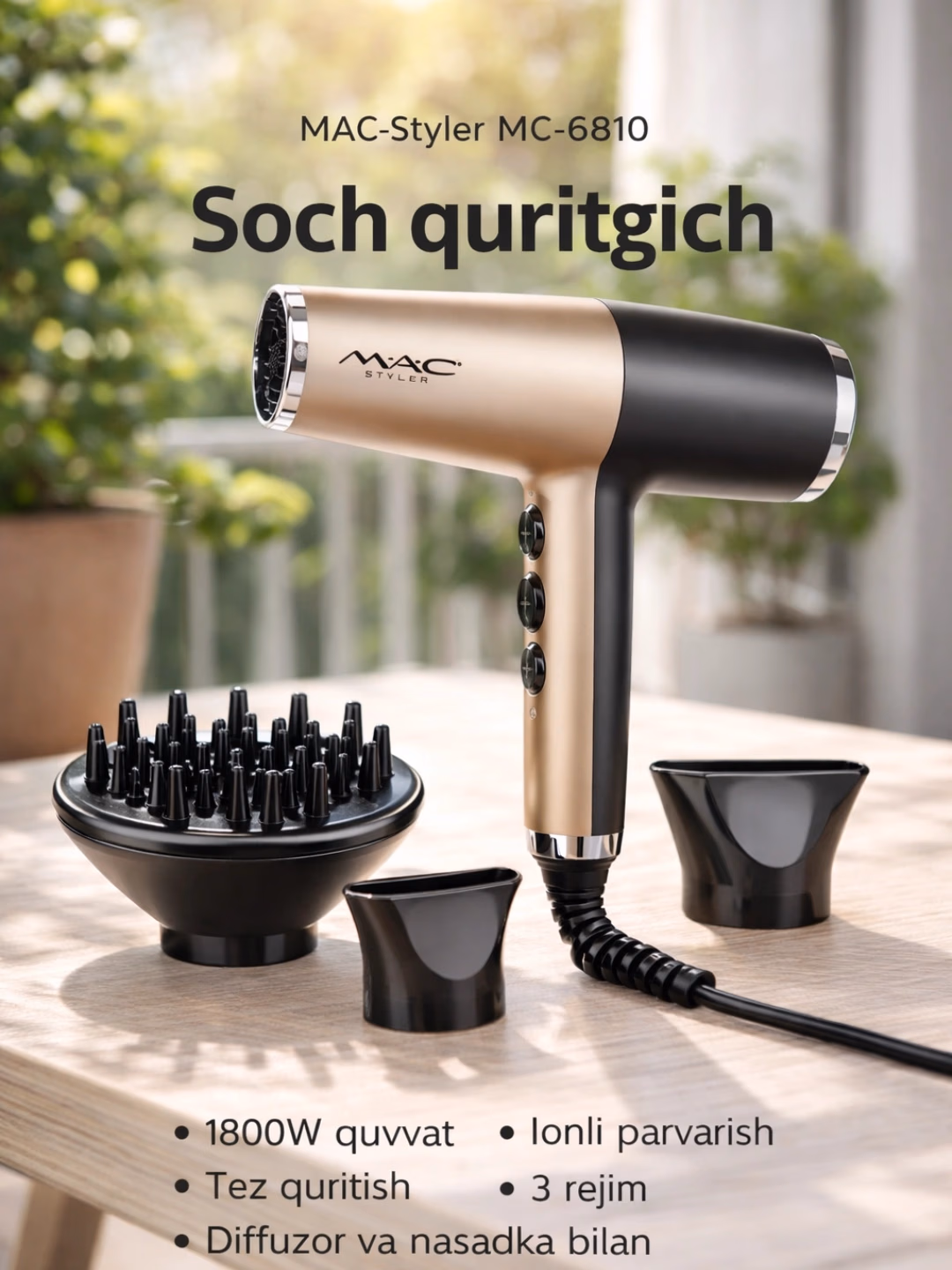 M·A·C STYLER MC-6810 hamyon filtri, 1800W, ionizatsiyali, nasadkalar bilan