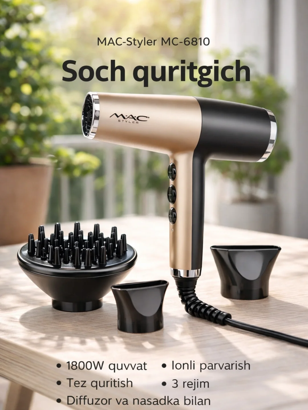 M·A·C STYLER MC-6810 hamyon filtri, 1800W, ionizatsiyali, nasadkalar bilan - Asosiy rasm