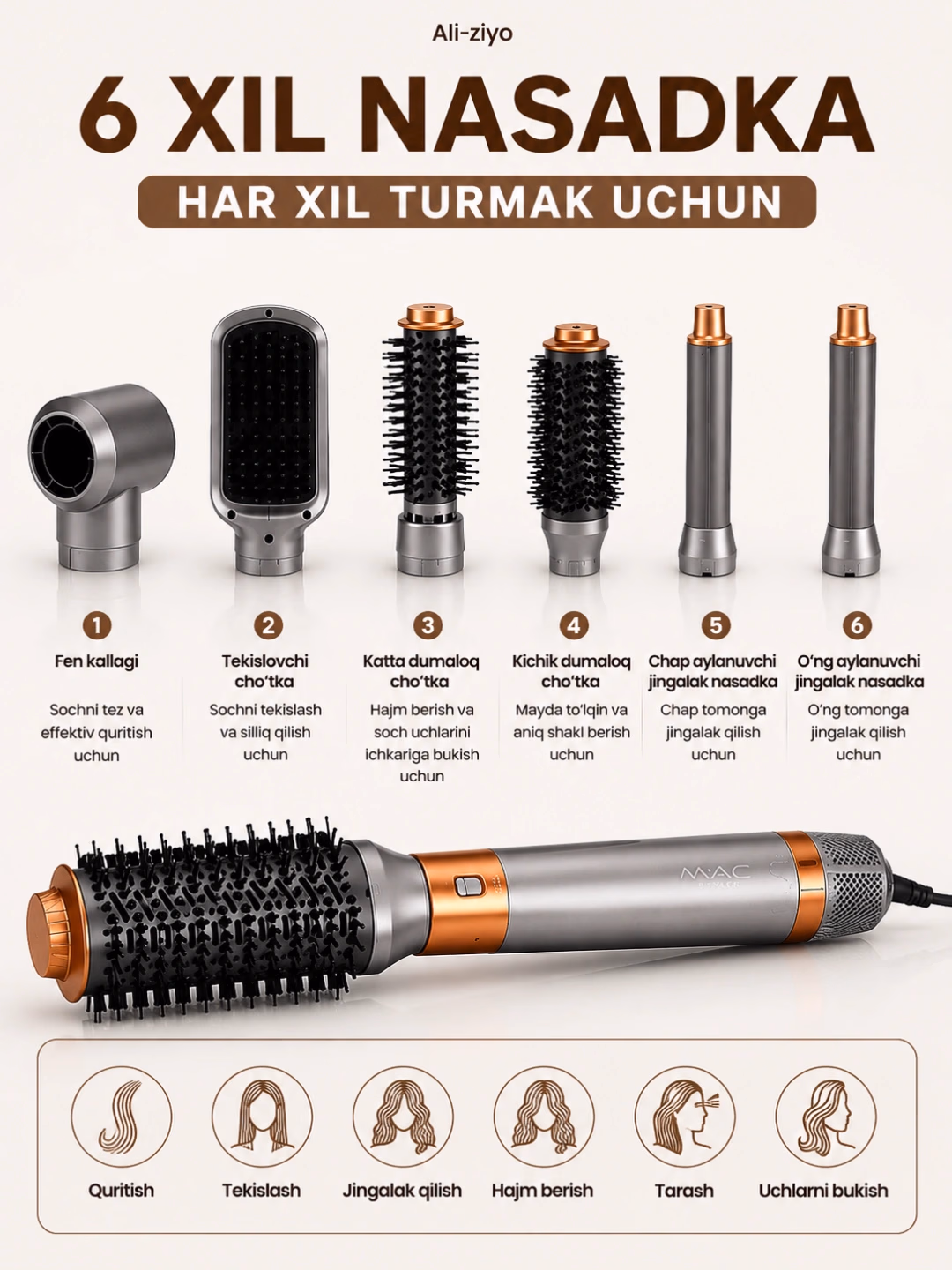 M·A·C STYLER MC-6769 Fen-stayler, 800W, 6 in 1, soch quritish va turmaklash uchun - 4