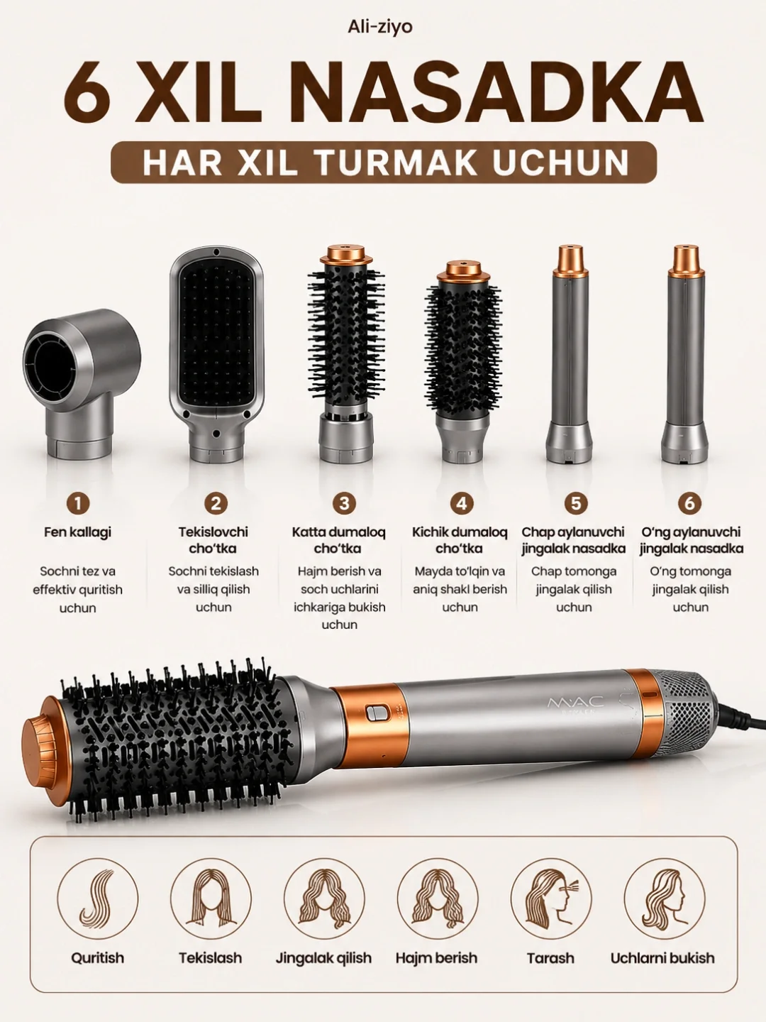 M·A·C STYLER MC-6769 Fen-stayler, 800W, 6 in 1, soch quritish va turmaklash uchun - 4