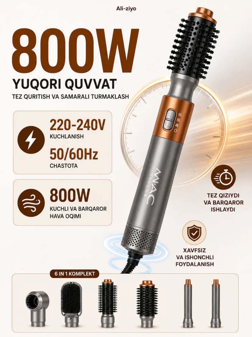 M·A·C STYLER MC-6769 Fen-stayler, 800W, 6 in 1, soch quritish va turmaklash uchun