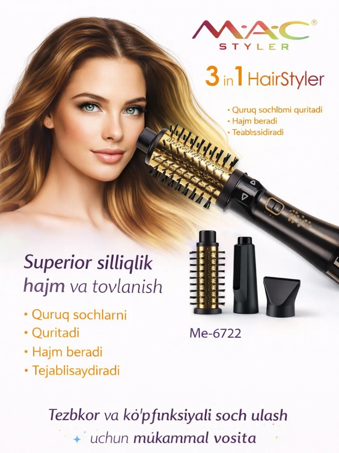 M·A·C STYLER MC-6722 3-funktsiyali fen-cho'tka, aylanuvchi nasadkali - Asosiy rasm
