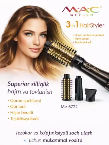M·A·C STYLER MC-6722 3-funktsiyali fen-cho'tka, aylanuvchi nasadkali