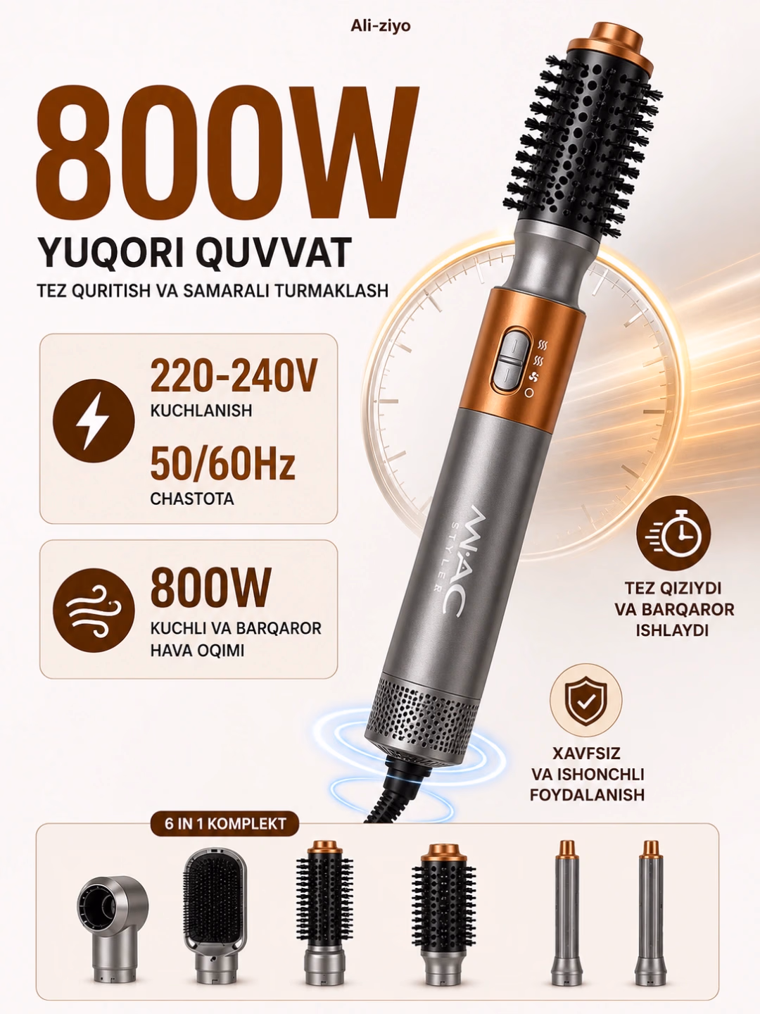 M·A·C STYLER MC-6769 Fen-stayler, 800W, 6 in 1, soch quritish va turmaklash uchun - 6