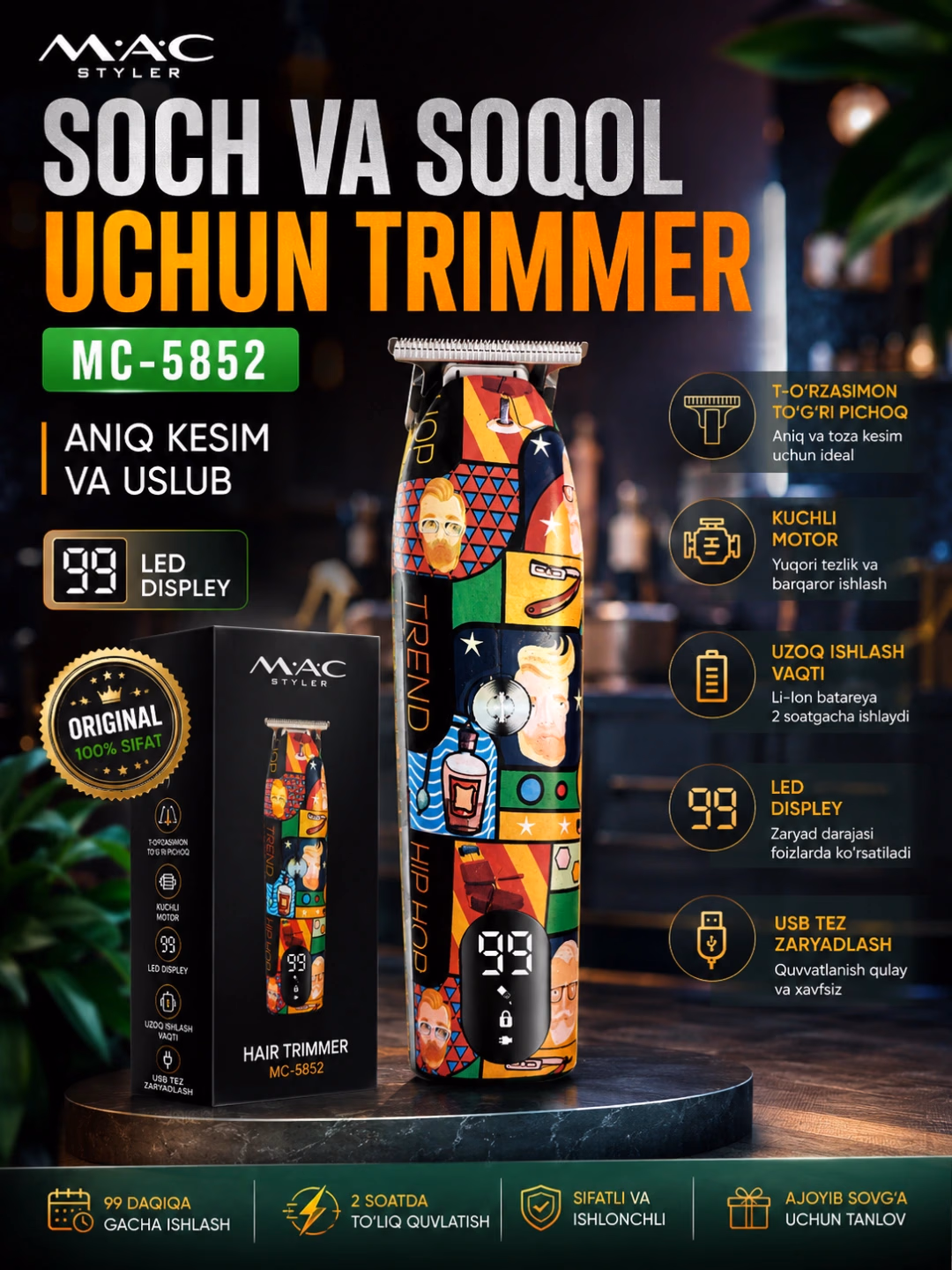 M·A·C STYLER MC-5852 Soch va Soqol Trimmeri, Titanyum Pichoq, 2 Soat Ishlaydi