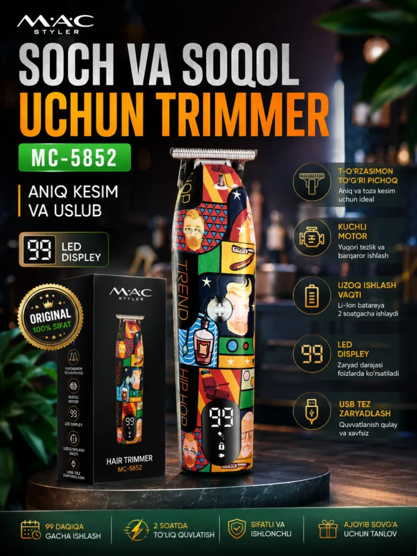 M·A·C STYLER MC-5852 Soch va Soqol Trimmeri, Titanyum Pichoq, 2 Soat Ishlaydi