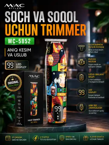 M·A·C STYLER MC-5852 Soch va Soqol Trimmeri, Titanyum Pichoq, 2 Soat Ishlaydi