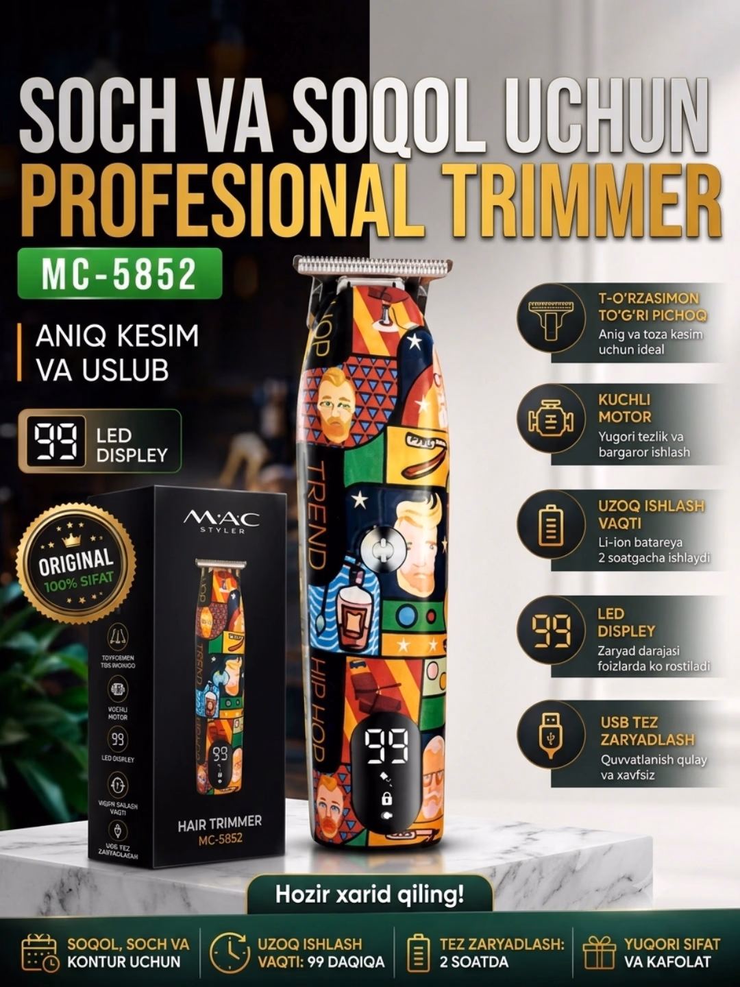 M·A·C STYLER MC-5852 Soch va Soqol Trimmeri, Titanyum Pichoq, 2 Soat Ishlaydi - 2