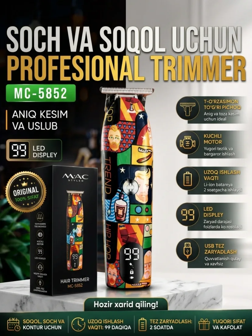 M·A·C STYLER MC-5852 Soch va Soqol Trimmeri, Titanyum Pichoq, 2 Soat Ishlaydi