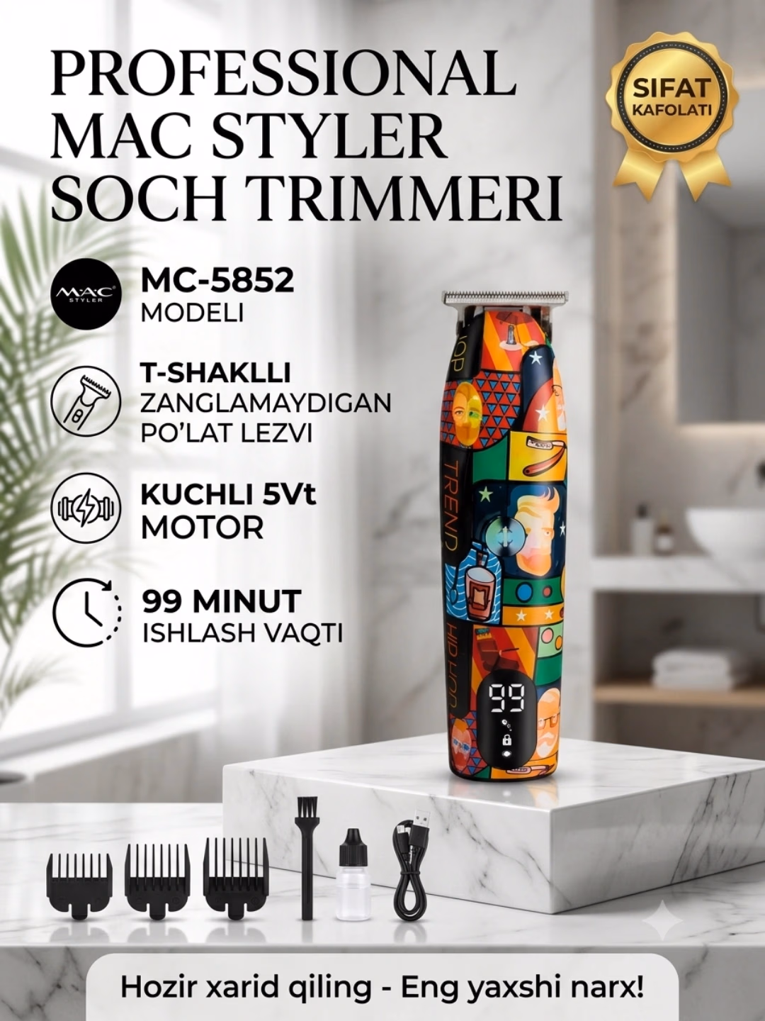 M·A·C STYLER MC-5852 Soch va Soqol Trimmeri, Titanyum Pichoq, 2 Soat Ishlaydi - 3