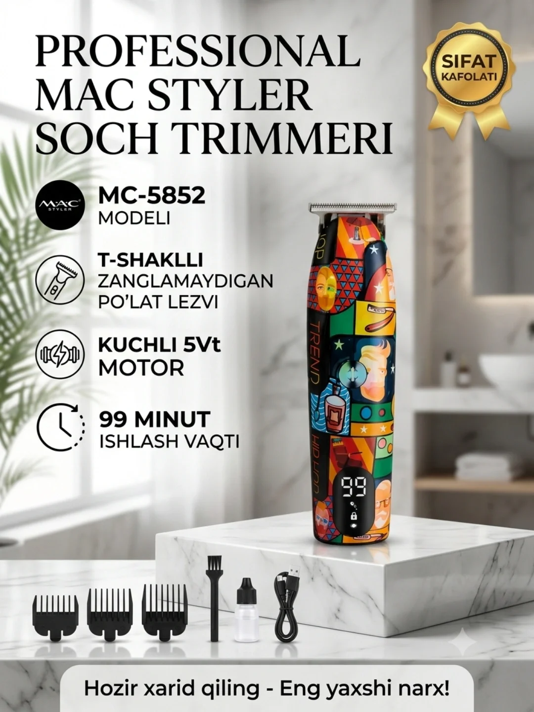 M·A·C STYLER MC-5852 Soch va Soqol Trimmeri, Titanyum Pichoq, 2 Soat Ishlaydi - 3