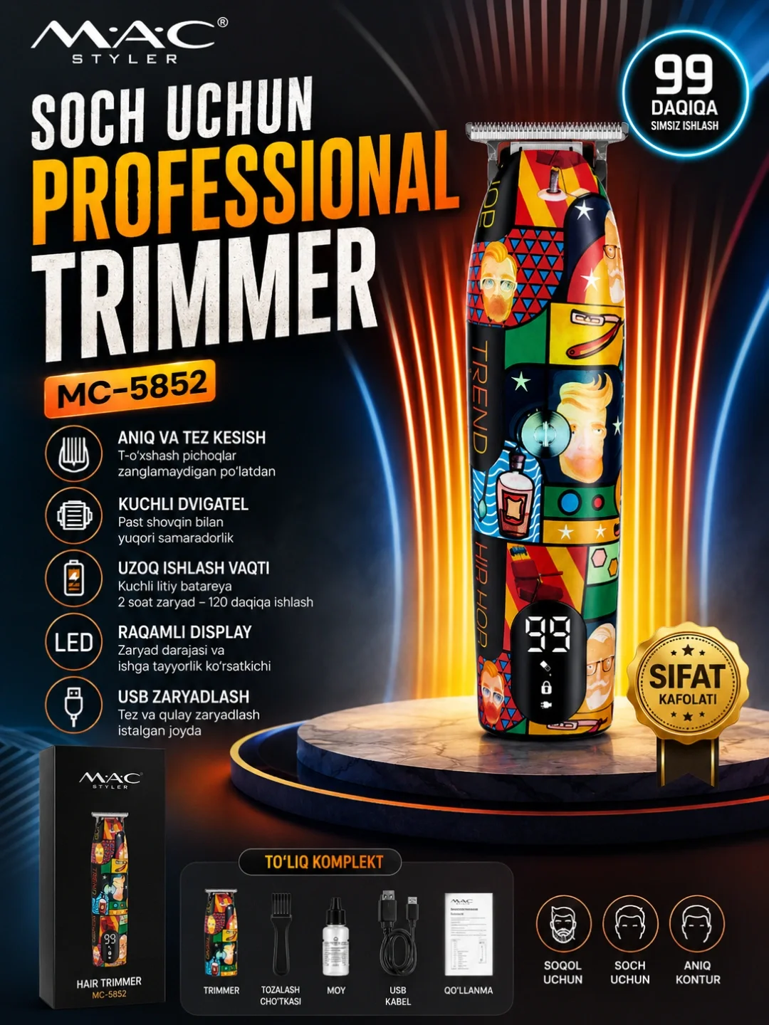 M·A·C STYLER MC-5852 Soch va Soqol Trimmeri, Titanyum Pichoq, 2 Soat Ishlaydi - 4