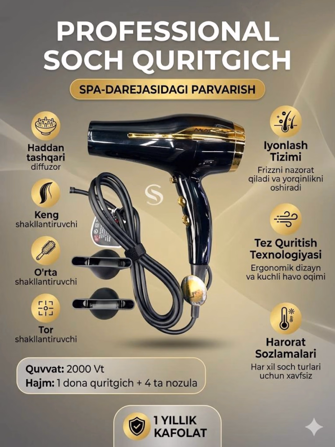 M·A·C STYLER MC 6679 Professional Fen 2000W, Diffuzor va 3 Konsentratorli To'plam