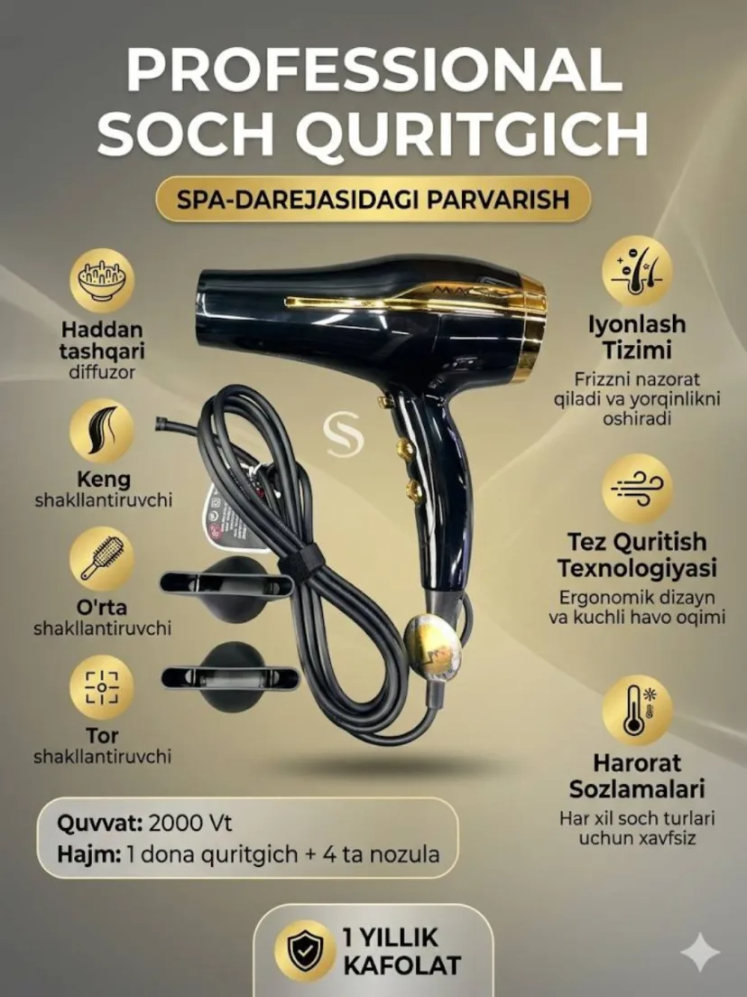 M·A·C STYLER MC 6679 Professional Fen 2000W, Diffuzor va 3 Konsentratorli To'plam