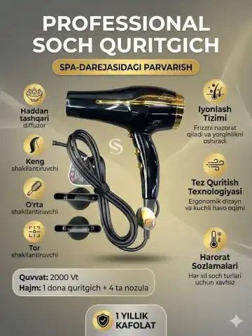 M·A·C STYLER MC 6679 Professional Fen 2000W, Diffuzor va 3 Konsentratorli To'plam
