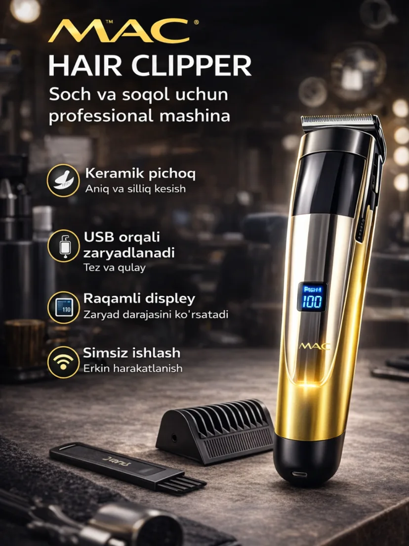 M·A·C STYLER MC-5831 Professional Soch Olish Mashinasi: USB Zaryadlanadi, Keramik Pichoqlar