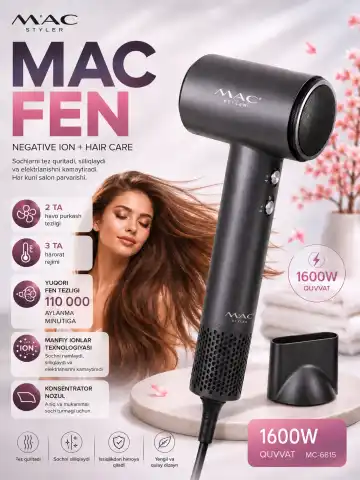 M·A·C STYLER MC-6815 soch quritgich, 1600 Vt, ionizatsiya, 2 tezlik