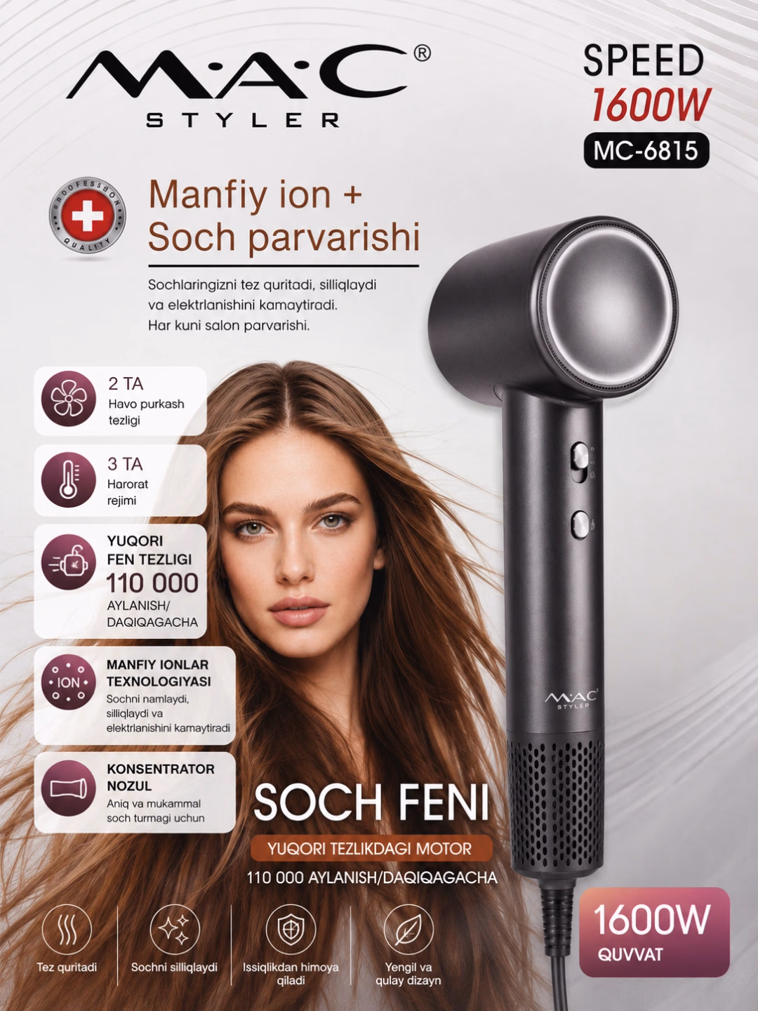 M·A·C STYLER MC-6815 soch quritgich, 1600 Vt, ionizatsiya, 2 tezlik - 2