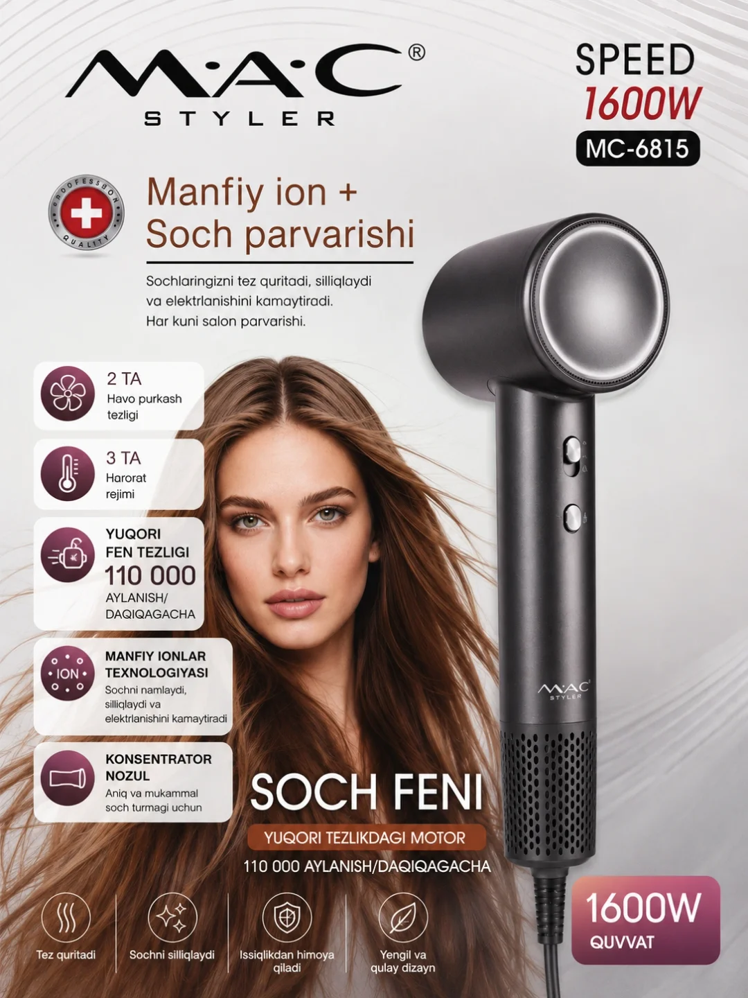 Фен M·A·C STYLER MC-6815, 1600 Вт, ионизация, 2 скорости - 2