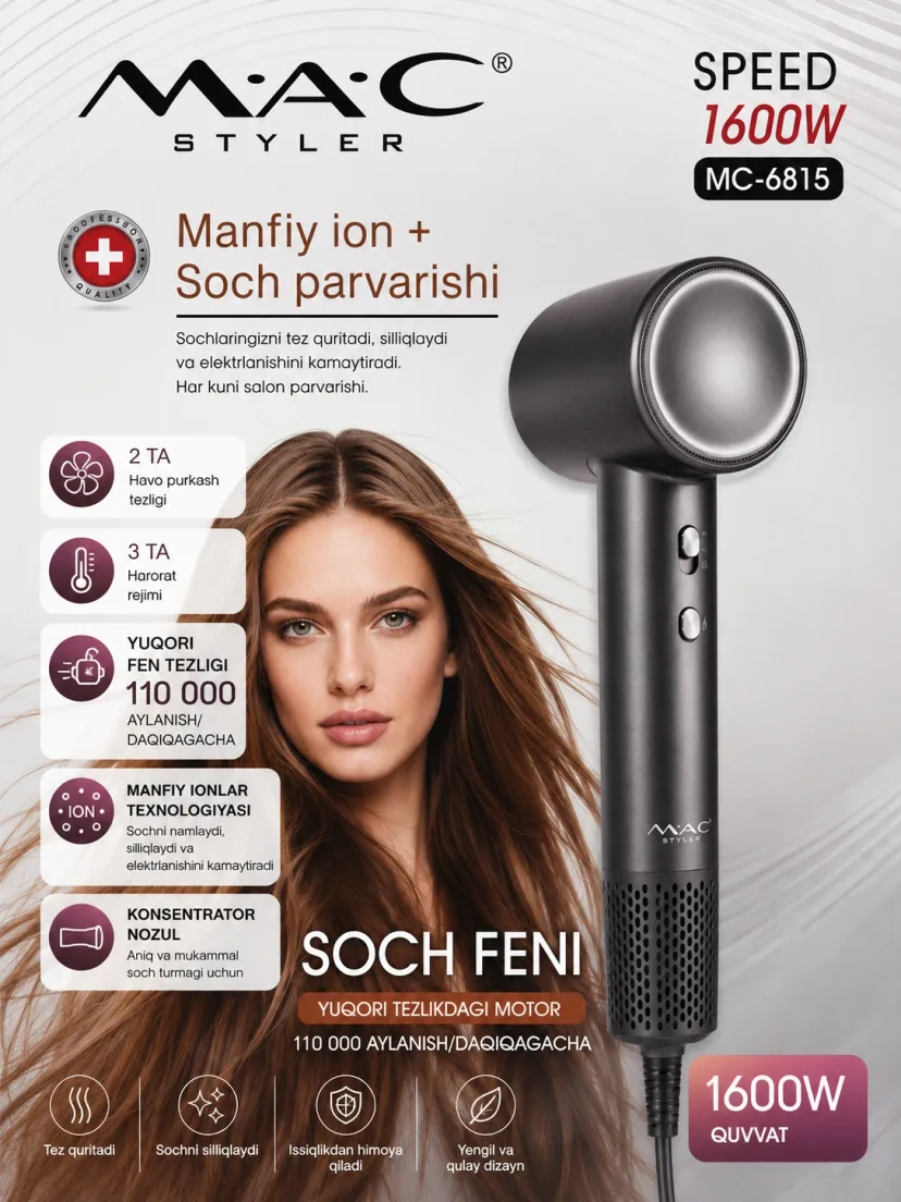 M·A·C STYLER MC-6815 soch quritgich, 1600 Vt, ionizatsiya, 2 tezlik