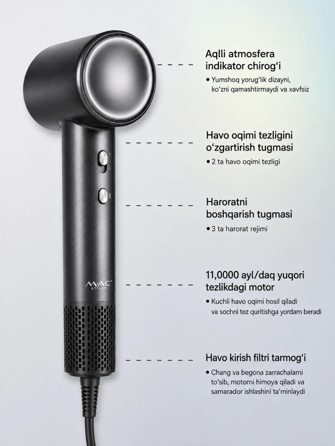 Фен M·A·C STYLER MC-6815, 1600 Вт, ионизация, 2 скорости - 3