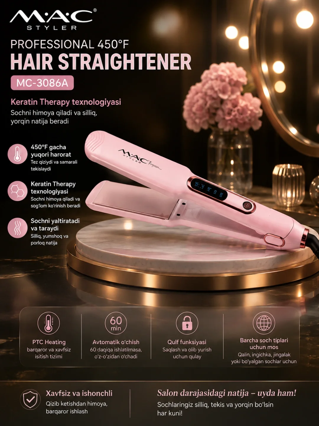 MAC Styler MC-3086A Soch To'g'rilagich, Ceramic Keratin Qoplama, Displeyli - Asosiy rasm