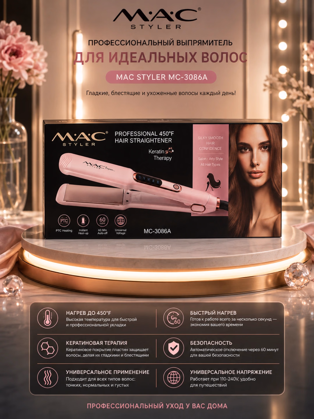 MAC Styler MC-3086A Soch To'g'rilagich, Ceramic Keratin Qoplama, Displeyli - 2
