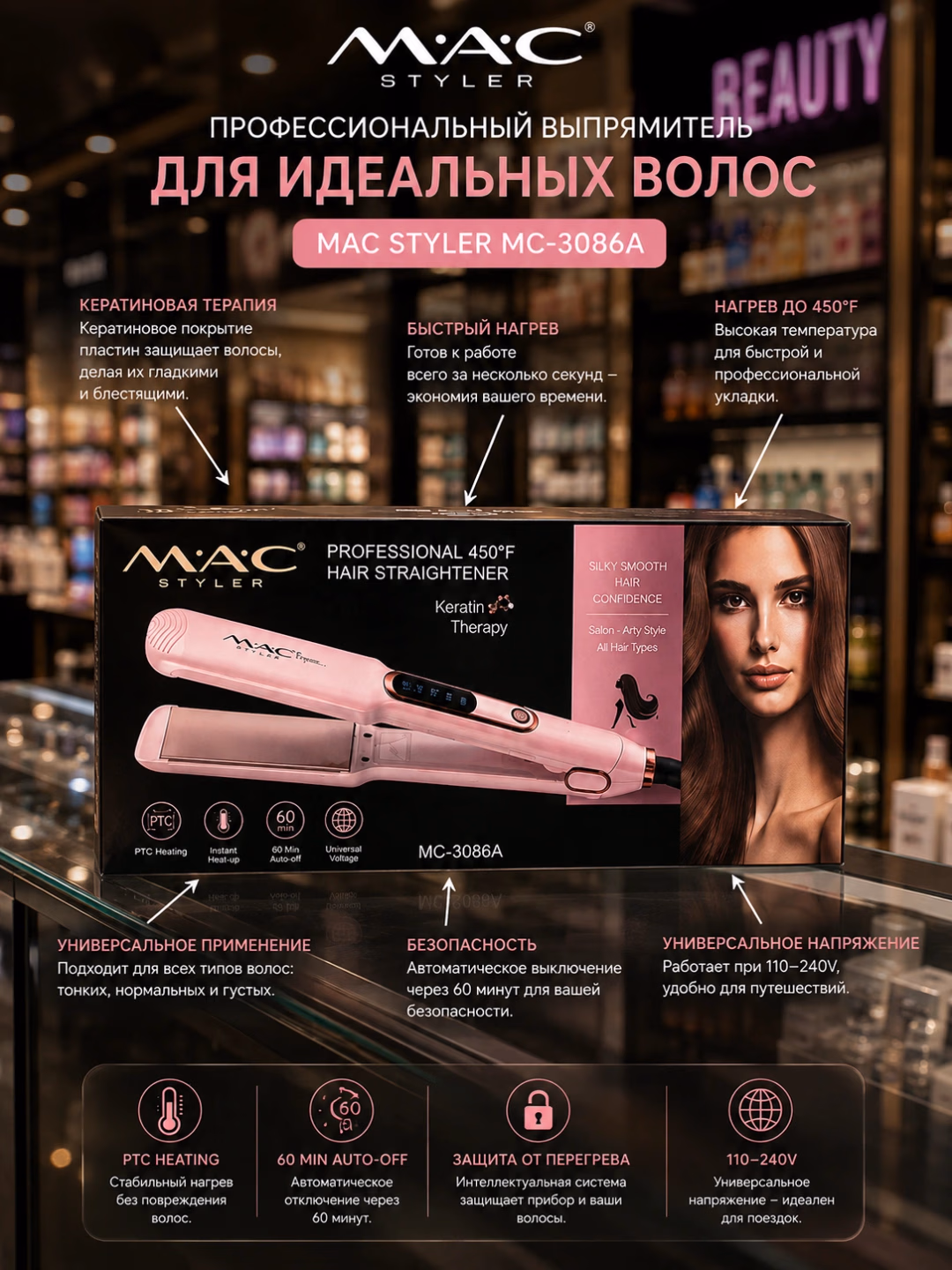 MAC Styler MC-3086A Soch To'g'rilagich, Ceramic Keratin Qoplama, Displeyli - 3