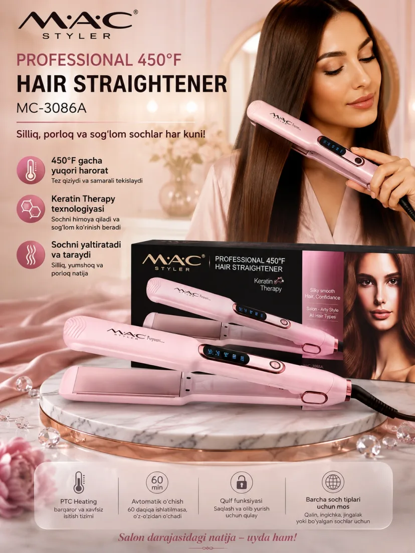 MAC Styler MC-3086A Soch To'g'rilagich, Ceramic Keratin Qoplama, Displeyli