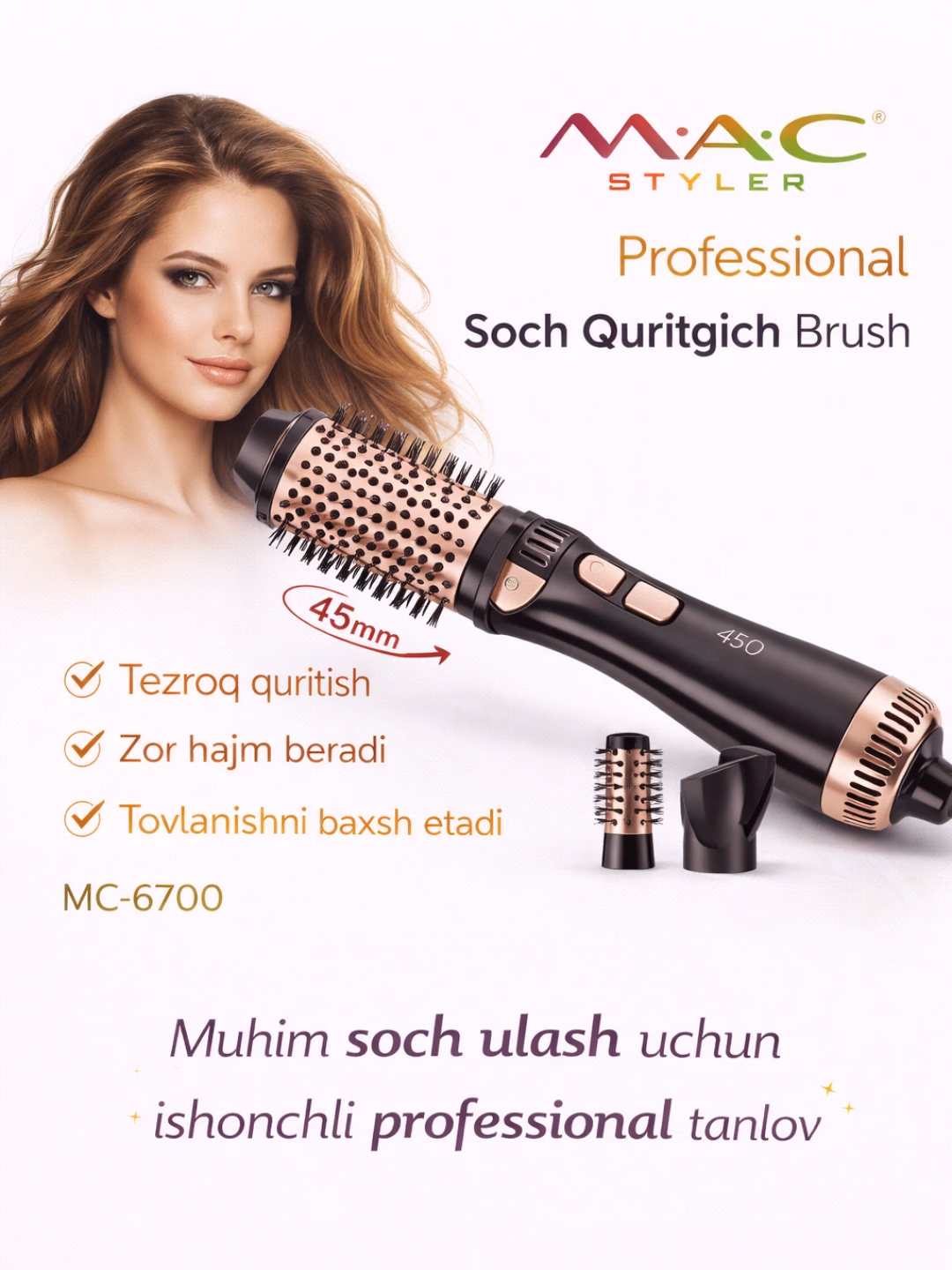 M·A·C STYLER MC-6700 Fen-cho'tka, Keramika qoplama, 1000W, Havo turmaklash - 4
