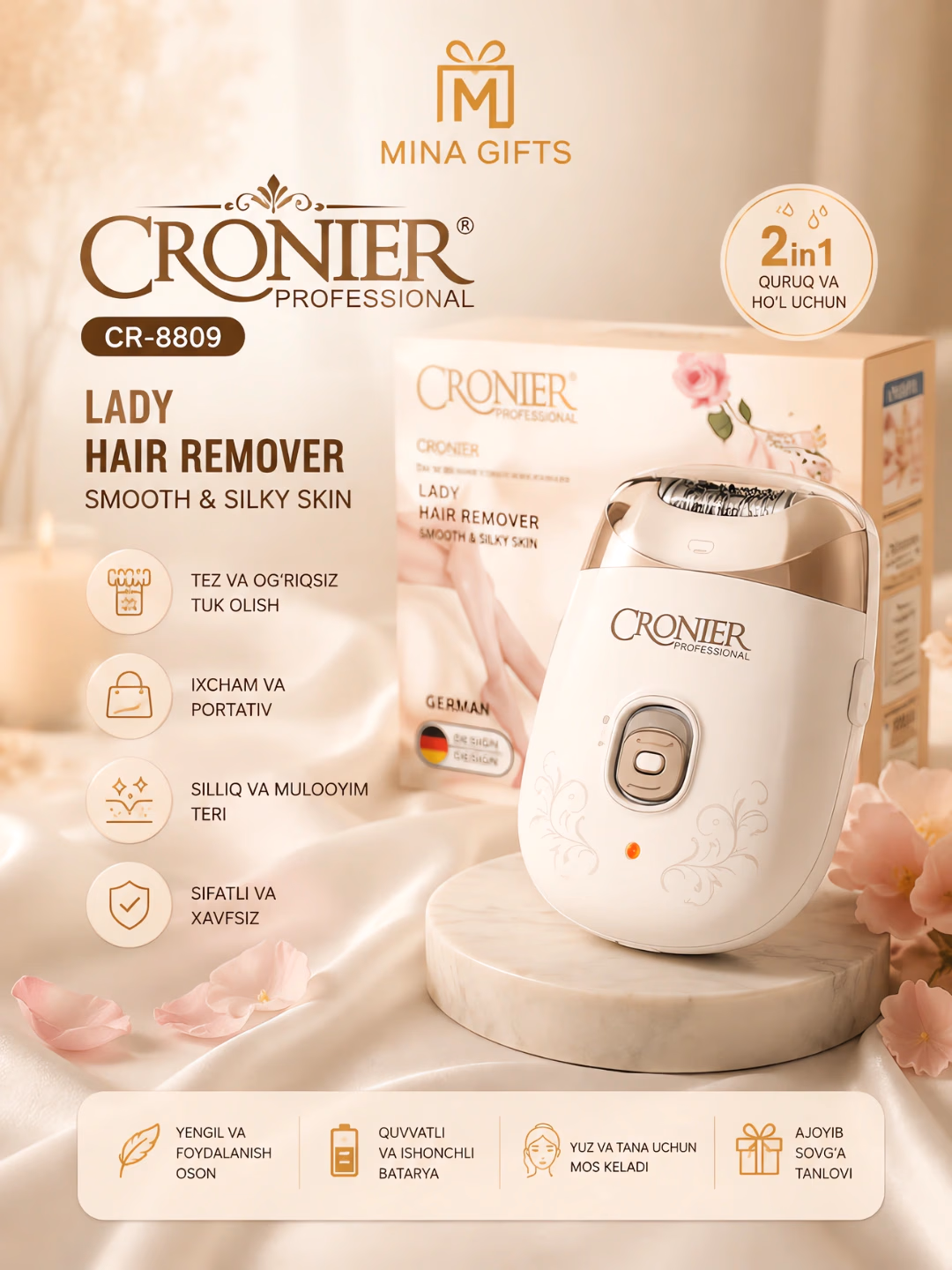 Cronier CR-8809 Ayollar uchun Epilyator (Simsiz, German Po'lati)
