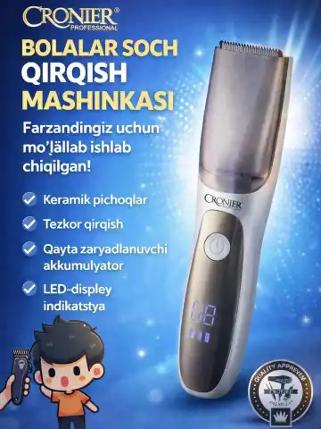 CRONIER 1265 Bolalar uchun vakuumli soch mashinkasi, keramika pichoq, USB zaryad