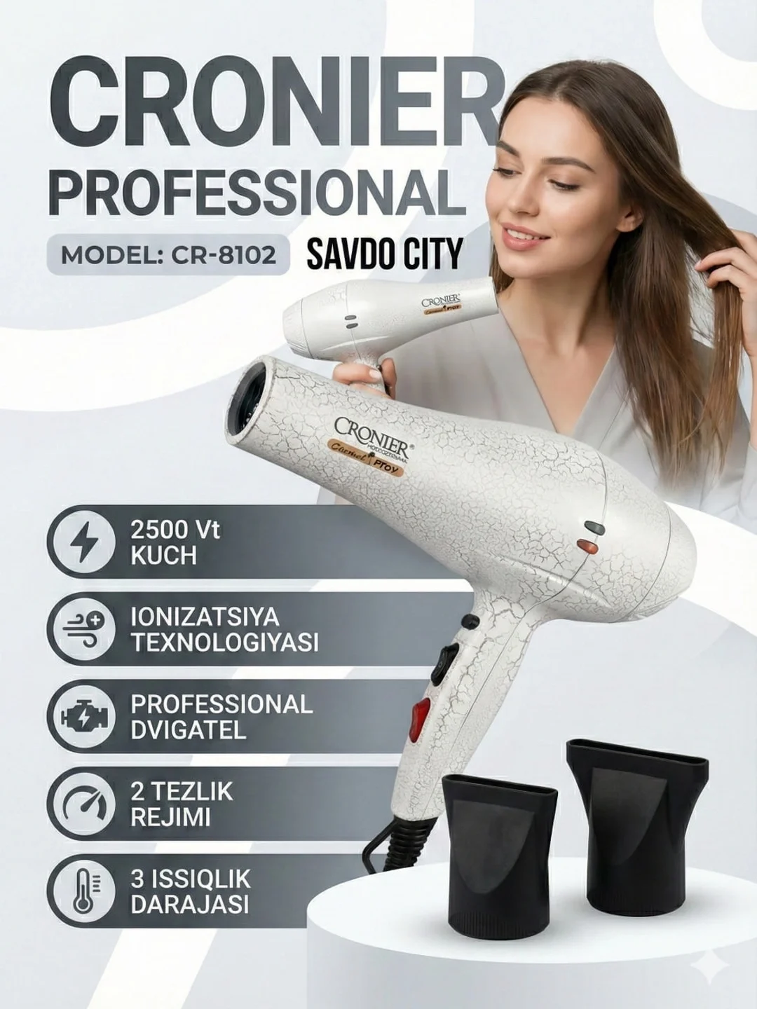 CRONIER CR-8102 Professional Phen: 2500W, Iontizatsiya bilan - 2