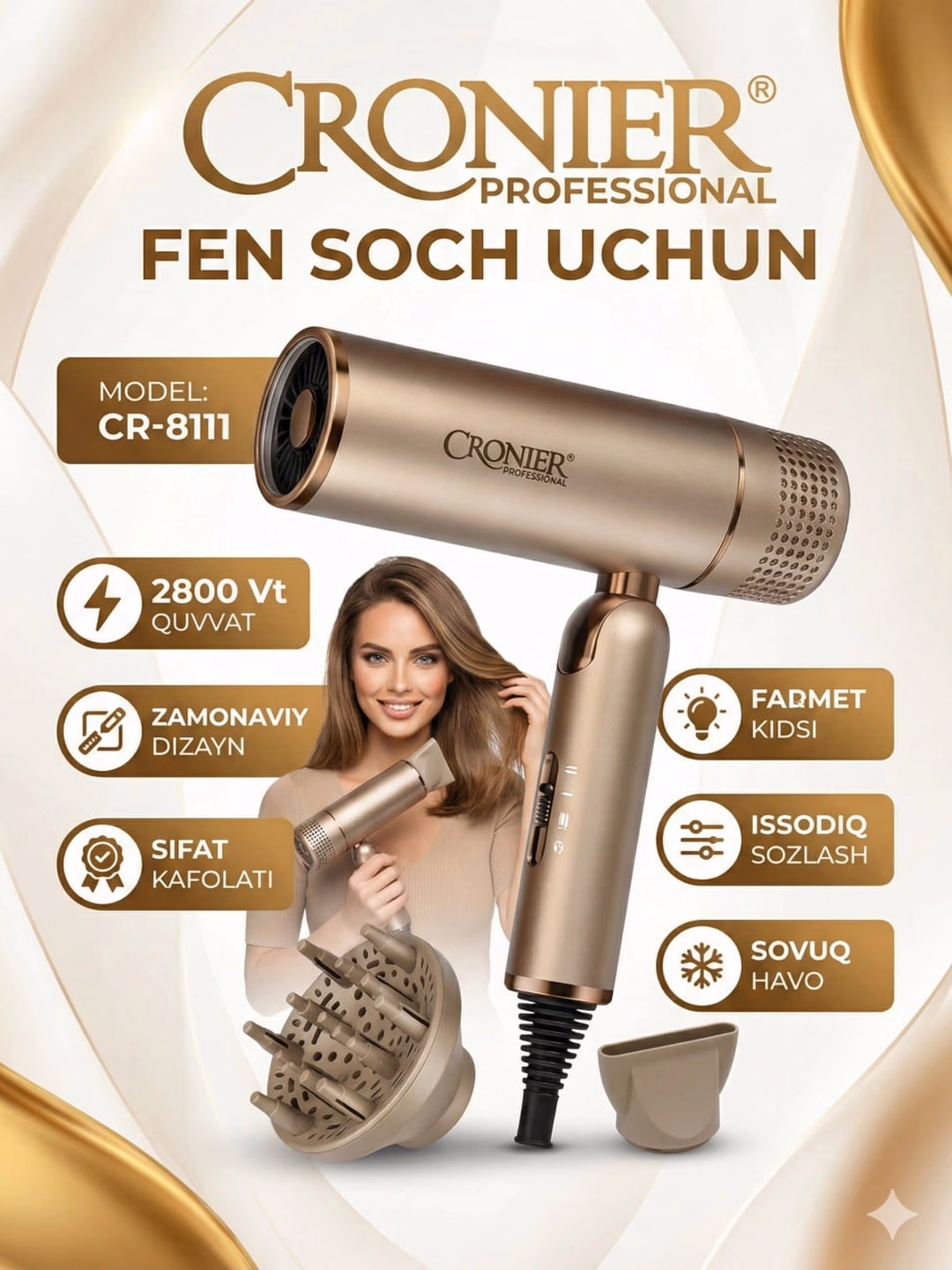 CRONIER CR-8102 Professional Phen: 2500W, Iontizatsiya bilan - 3