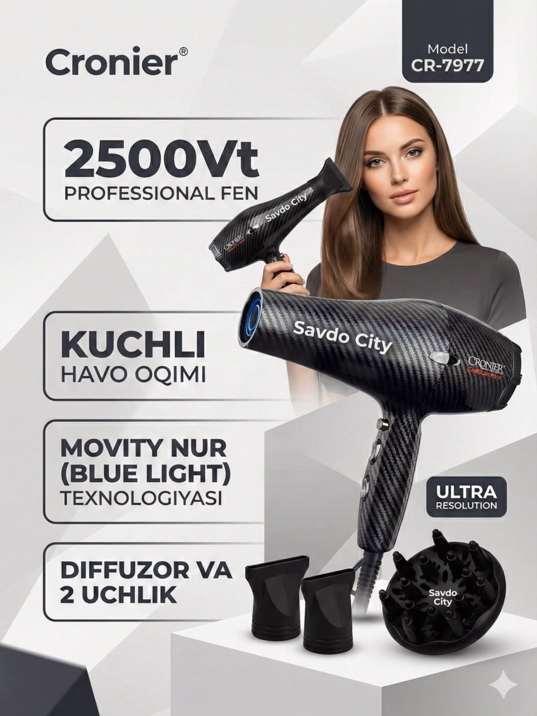 CRONIER CR-8102 Professional Phen: 2500W, Iontizatsiya bilan - 4
