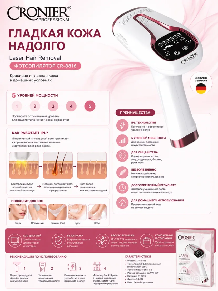 CRONIER CR-8815 IPL Fotoepilator: 5 darajali quvvat bilan butun tana uchun