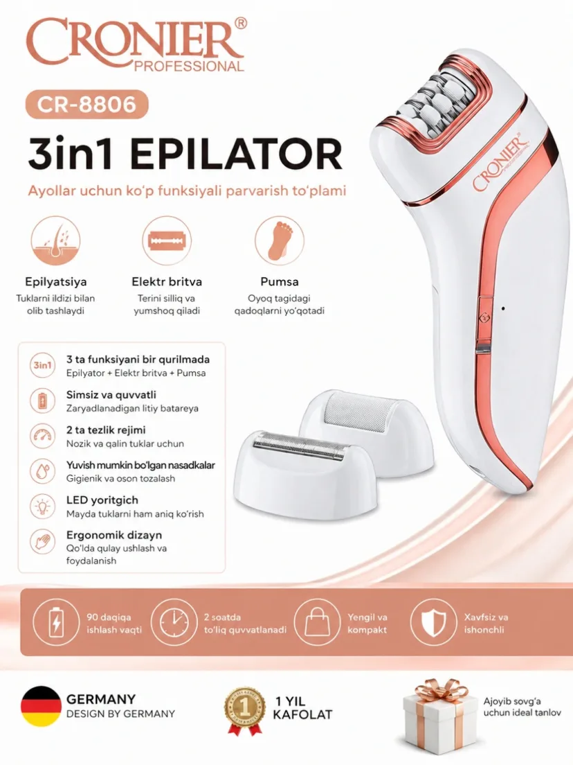 Cronier CR-8806 3-in-1 ayollar epilatori: Epilyatsiya + Britva + Pumsa | USB yuklash