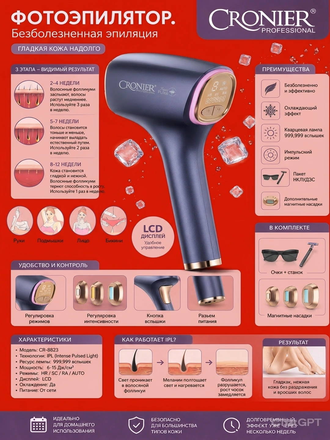 CRONIER CR-8815 IPL Fotoepilator: 5 darajali quvvat bilan butun tana uchun - 6